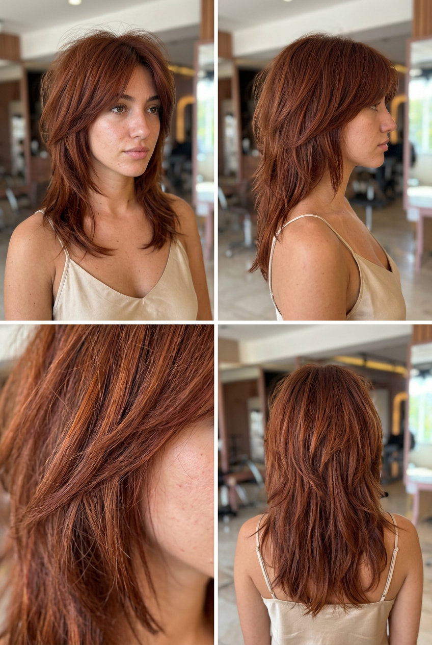 medium-long auburn wolf cut with textured layers and face-framing pieces for summer