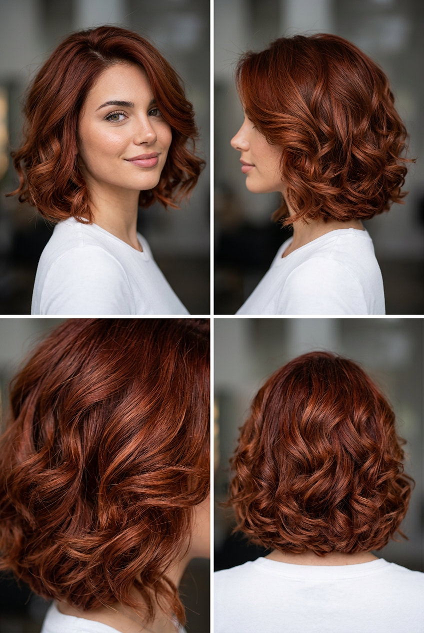 short rich auburn red bob with defined curls and copper undertones for summer