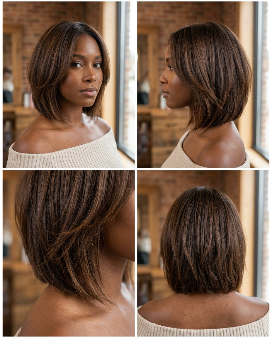 short shag bob haircut in rich natural brunette with warm hazelnut undertones for effortless style