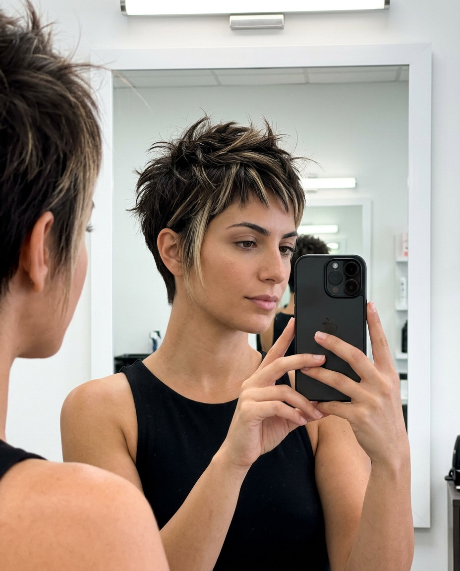 short riviera brunette textured crop with deep espresso and sandy blonde highlights, choppy fringe — edgy adventurous festival