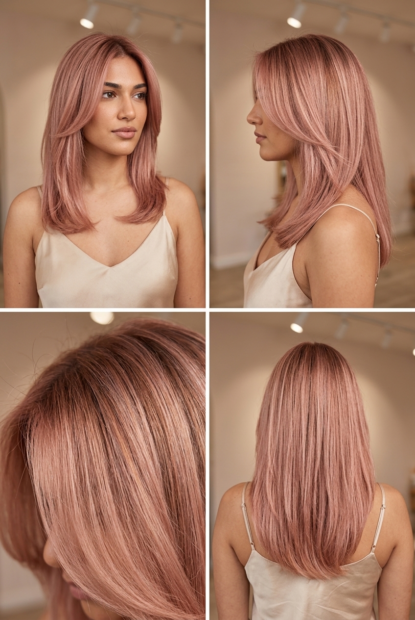 Rose Gold Balayage Hair Ideas 2026 long rose gold balayage with dusty rose & champagne pink, freehand painted, romantic mood