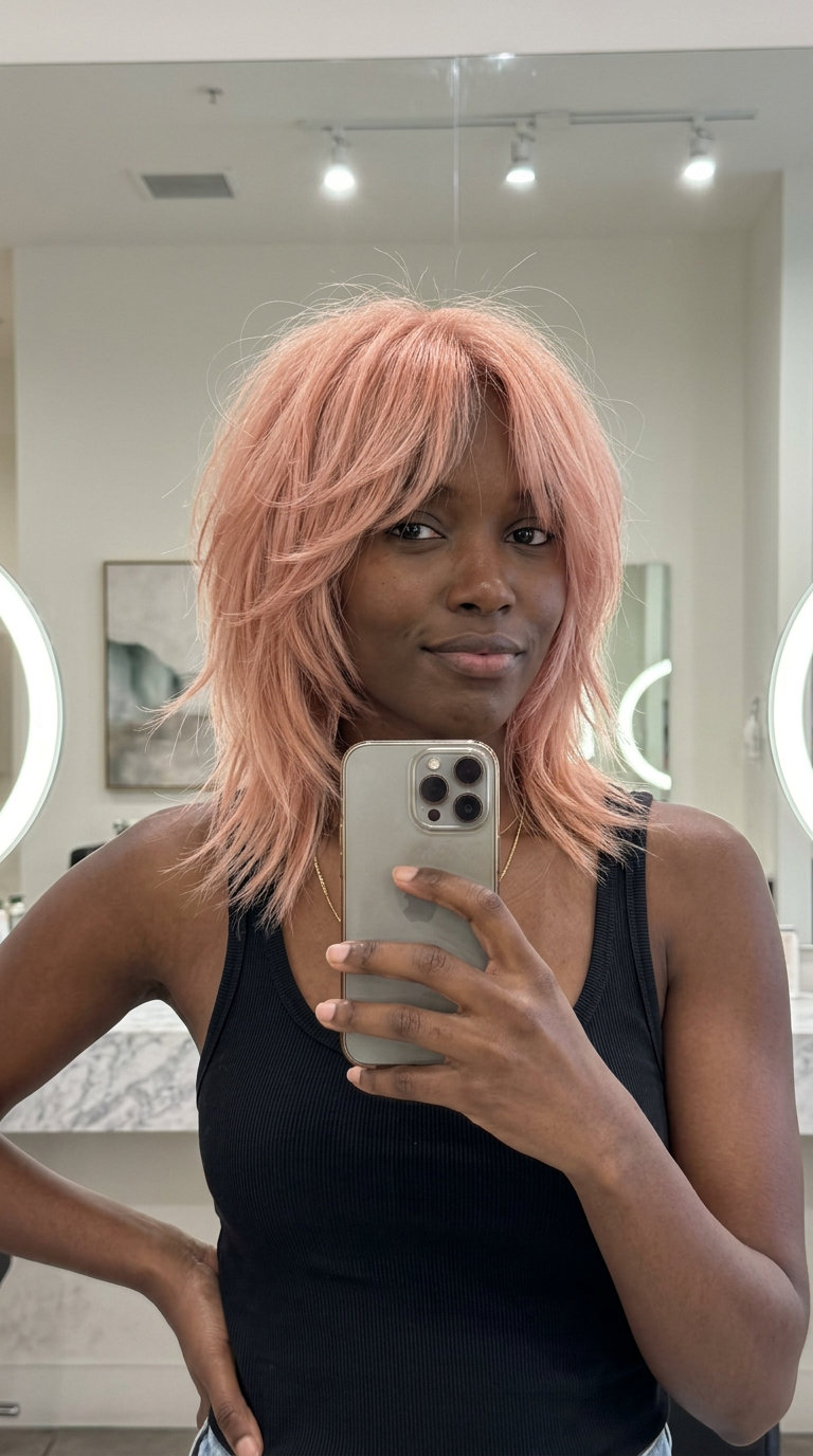 medium shag haircut in rose gold pastel with choppy layers and wispy curtain bangs for festival