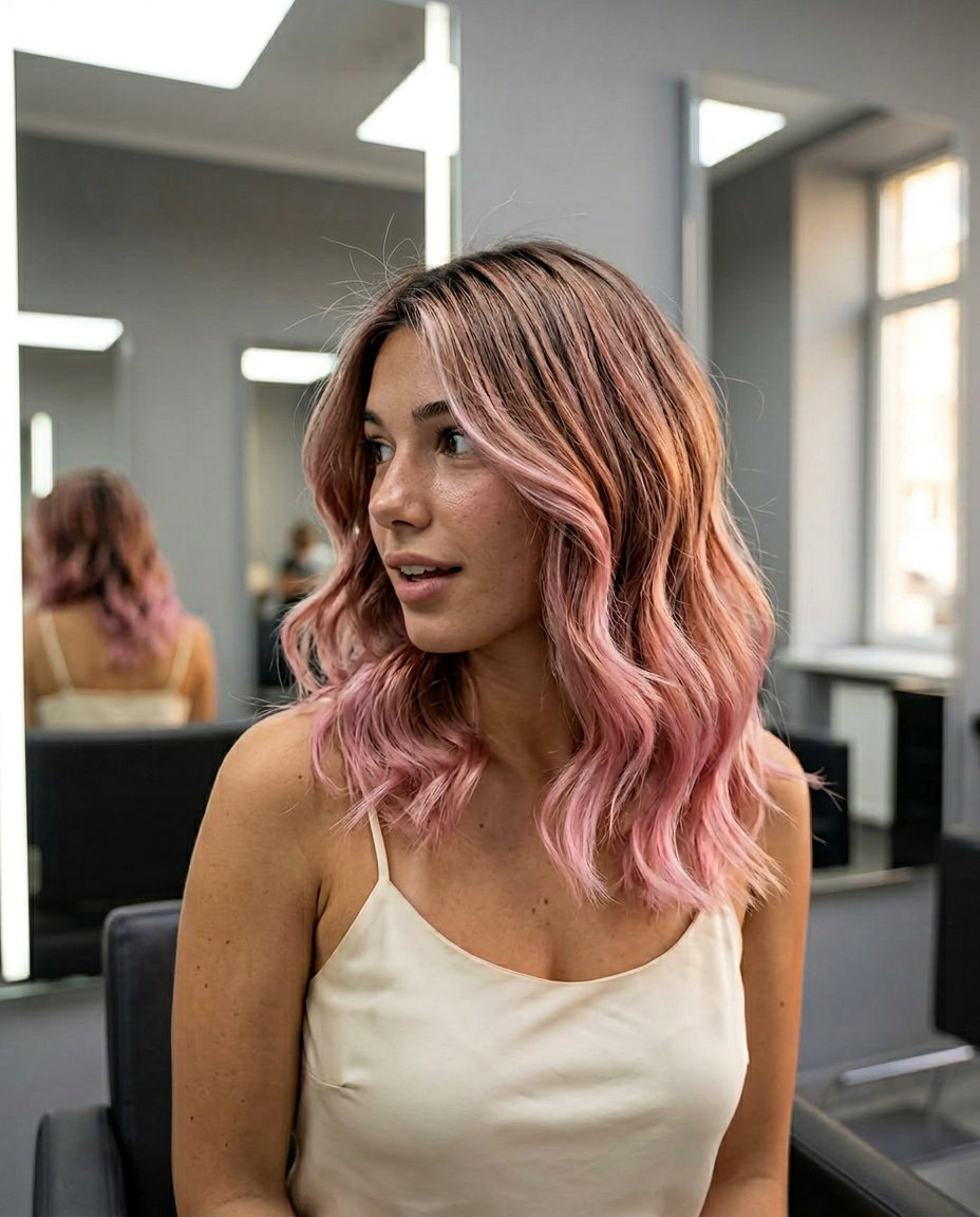 medium point-cut lob rich summer ombre hair color 2026 with rose gold to pastel pink, playful mood