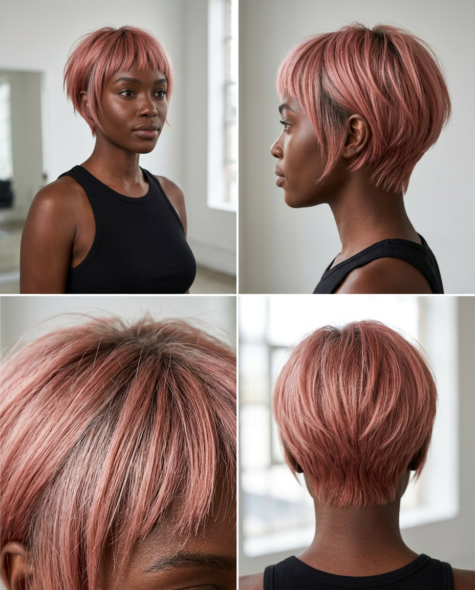 Rose Gold Bixie Haircut 2026 short bixie haircut in dusty rose gold with ash blonde root, point-cut texture for edgy looks
