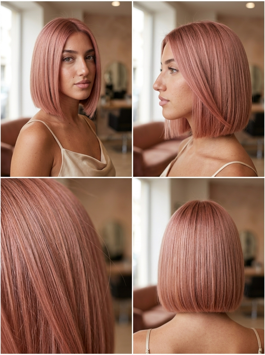 short blunt bob haircut with rose gold fashion color, subtle peach undertones for music festival