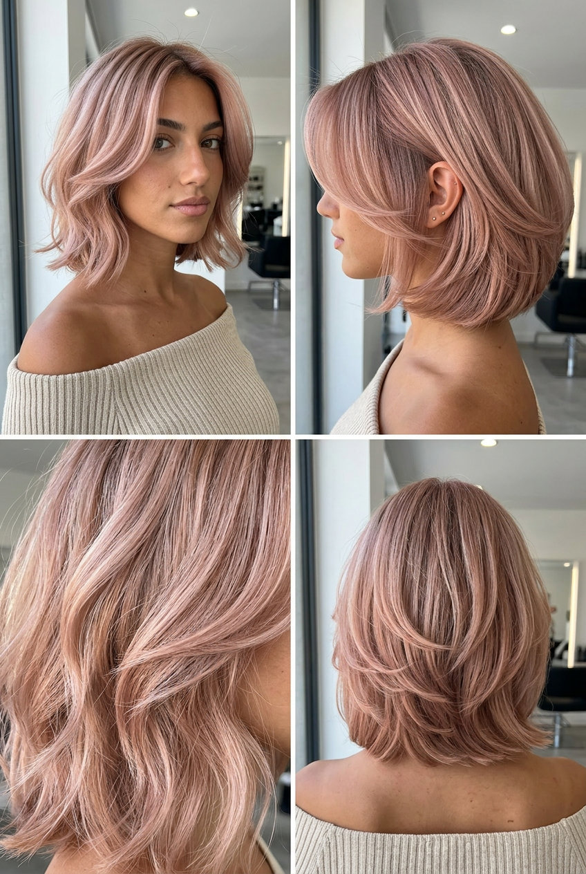short rose gold butterfly bob with pink-gold tint, cheekbone layers, no bangs — trendy weekend