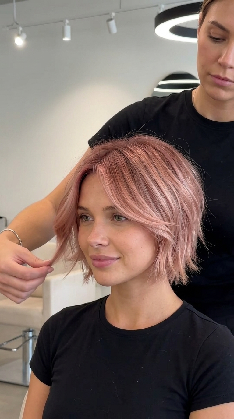 short cropped haircut in dusty rose gold with pink highlights, wispy fringe, point-cut layers — playful feminine