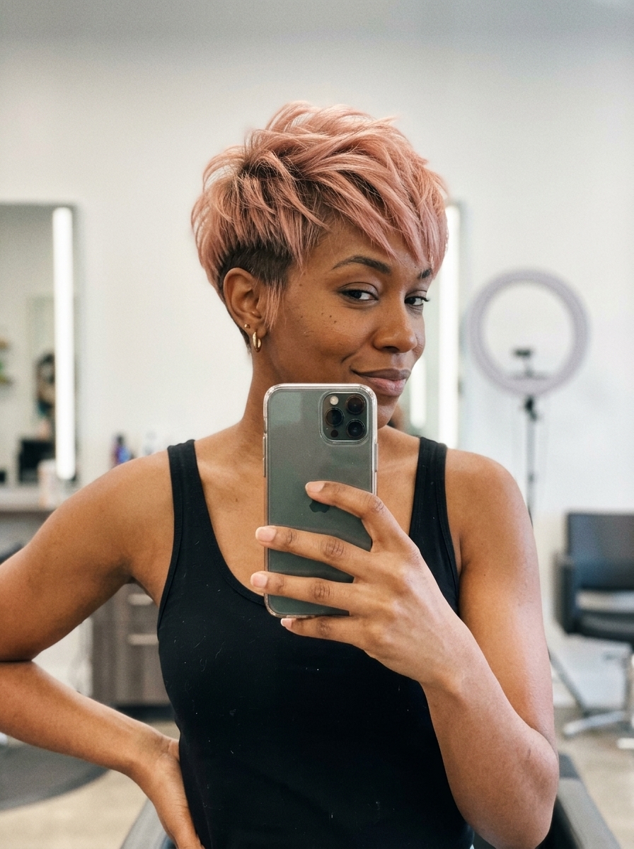 short rose gold pixie with dark root smudge and textured layers for summer 2026