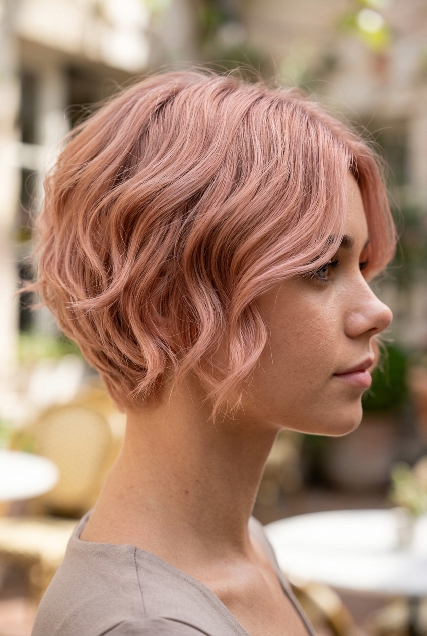 very short pixie haircut with translucent rose gold and champagne undertones, feathered fringe for summer