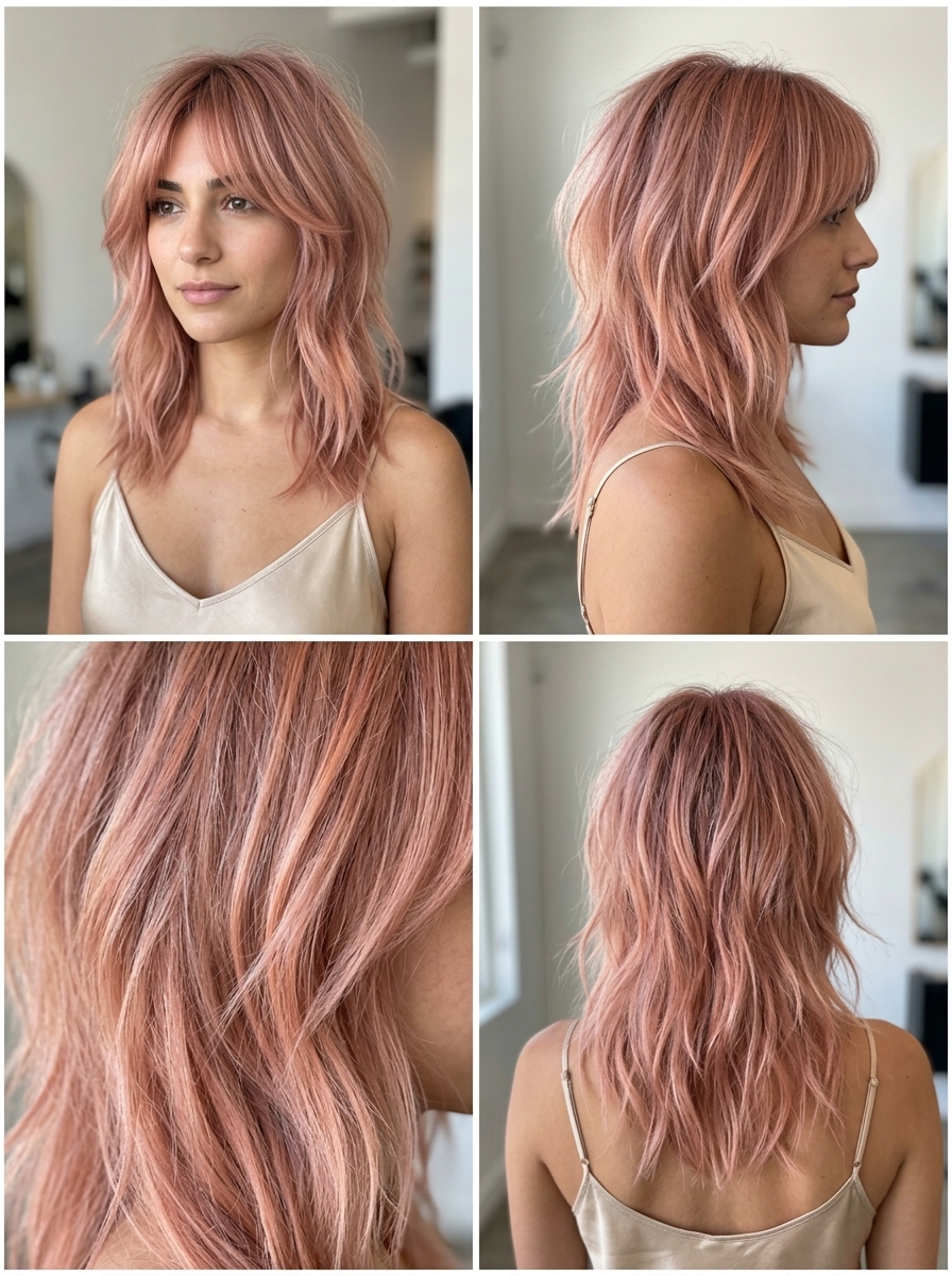 medium muted rose gold shag haircut with soft peach tones and wispy bangs