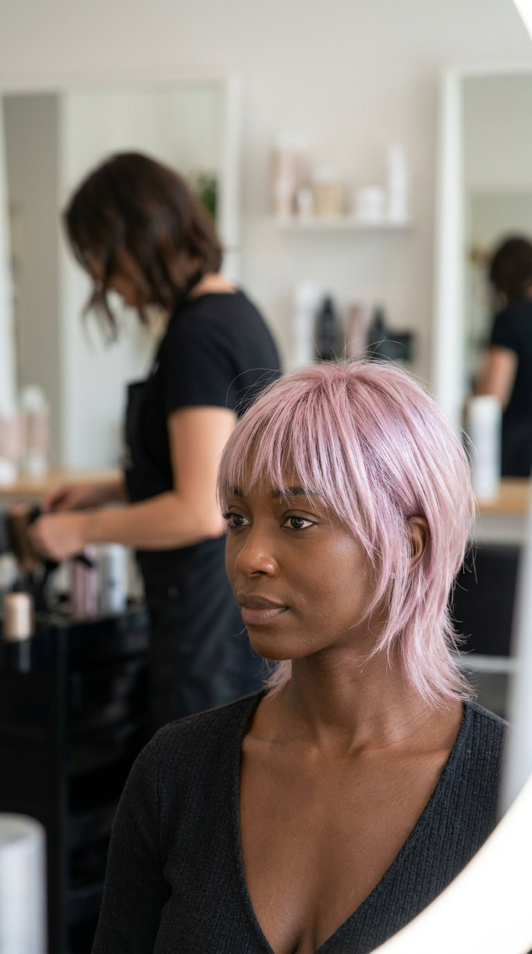 Rose Quartz Bixie Haircut 2026 short rose pink bixie haircut with lavender undertones and micro-fringe for summer 2026