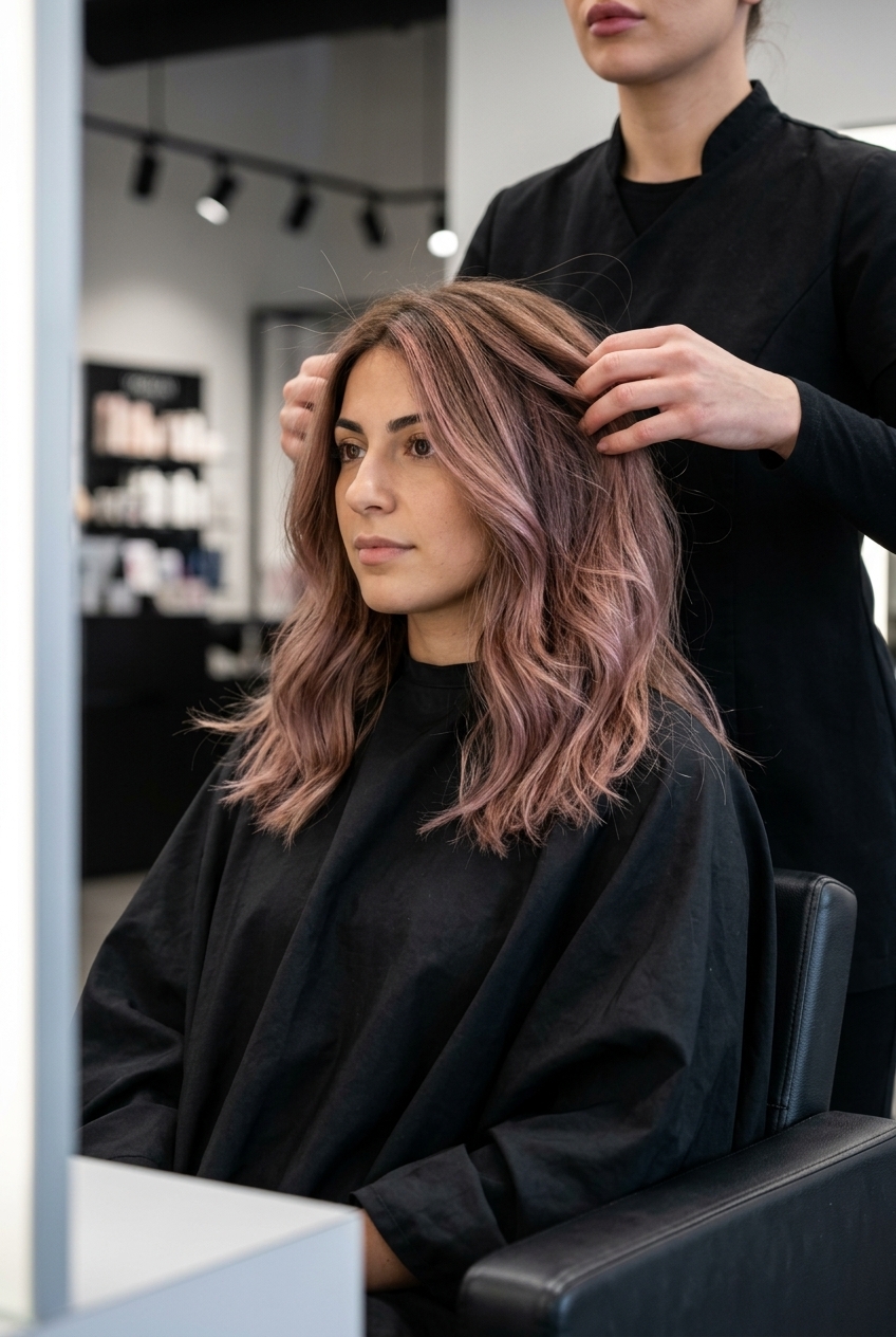 Rosewood Balayage Hair Ideas 2026 long rosewood balayage with soft beige brown & muted mauve, diffused gradient, sophisticated
