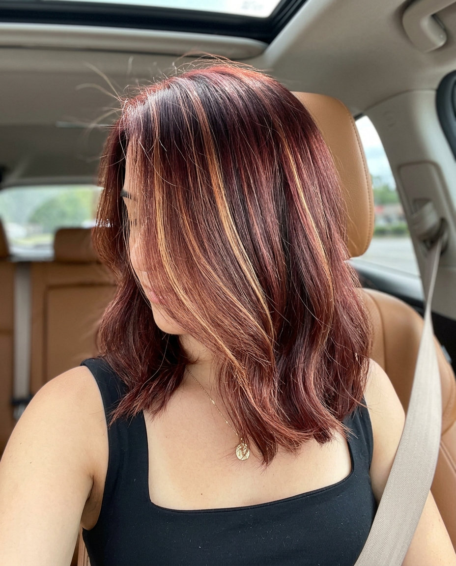 rosewood red hair color with golden copper highlights, babylights for summer 2026