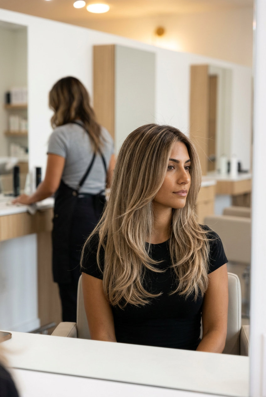 long layered hair with salted caramel balayage, internal texturizing, no bangs — professional & chic
