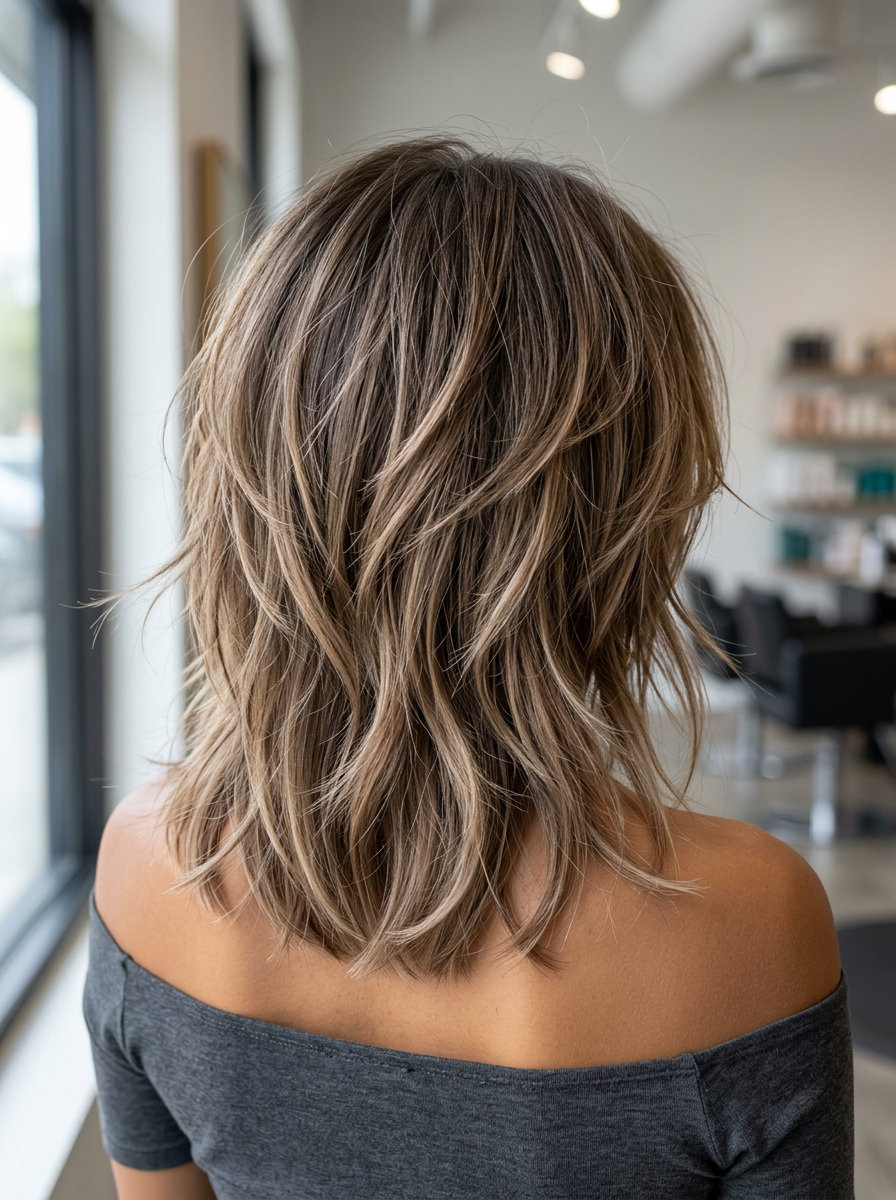 medium shag haircut with salted caramel balayage, choppy layers, Birkin bangs — edgy, retro