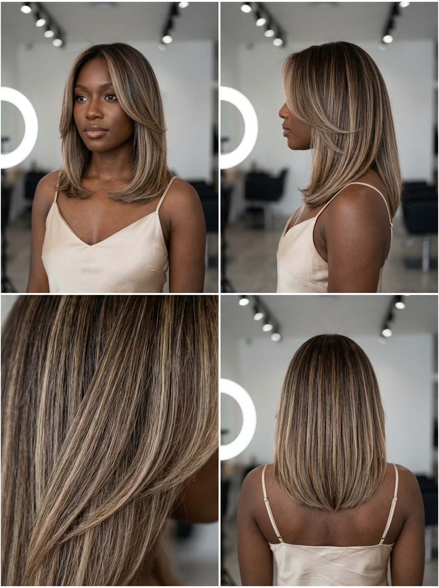 shoulder-length balayage with salted caramel, teasylights, inward-curving layers — modern retro curve cut