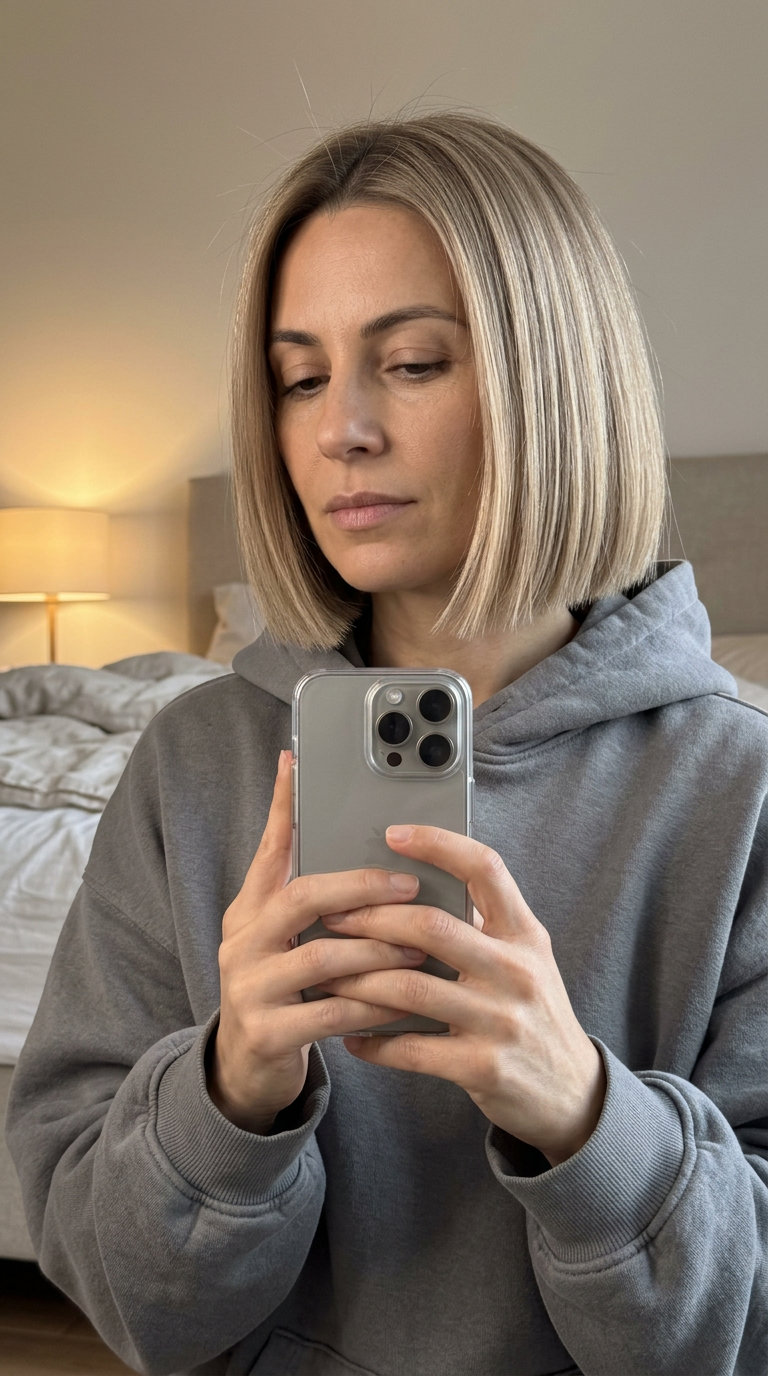 Linen Blonde Blunt Bob 2026 chin-length blunt bob haircut with neutral sandy blonde, taupe root smudge, razor-sharp perimeter — modern casual chic