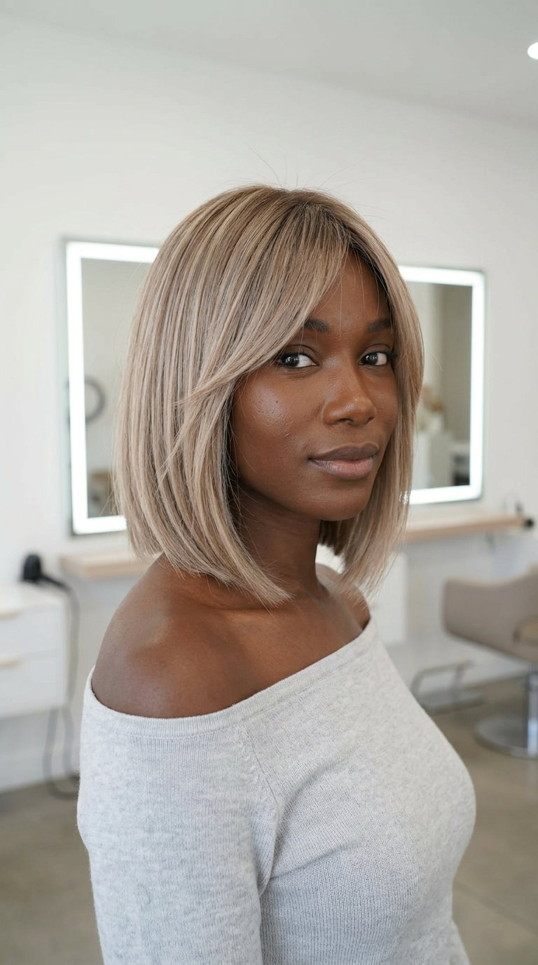 chin-length bob haircut with sandy blonde, ash brown root smudge and side-swept fringe for relaxed looks