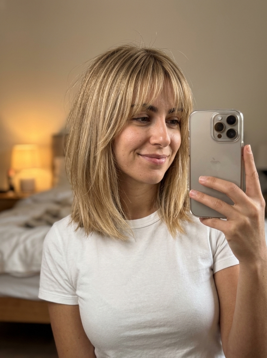Effortless Sandy Blonde Lob with Textured Bangs 2026 collarbone-length lob haircut with sandy blonde, internal layers, textured bangs for weekend