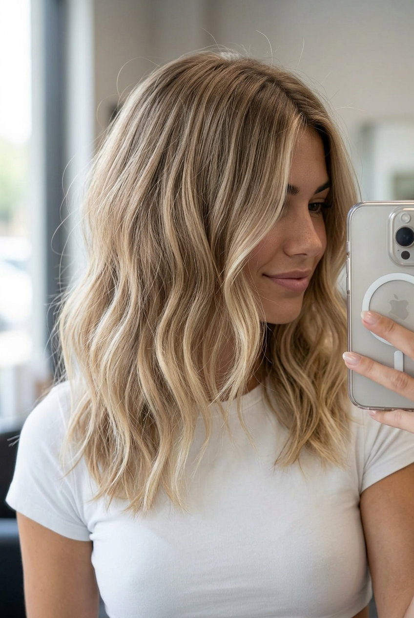 long layered ombre with natural sandy blonde to sun-bleached ends, balayage technique, no fringe — effortless beach vacation hair