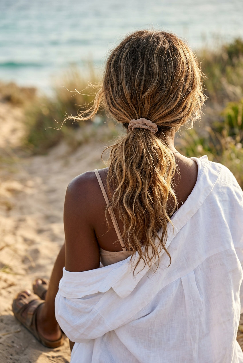 long sandy blonde ponytail with balayage and tousled texture for summer
