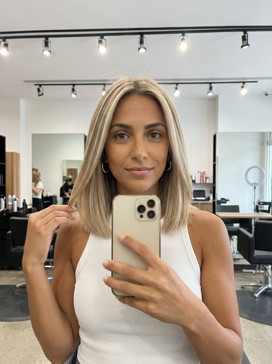 medium blunt lob haircut in sandy blonde with golden babylights, center part — edgy modern casual