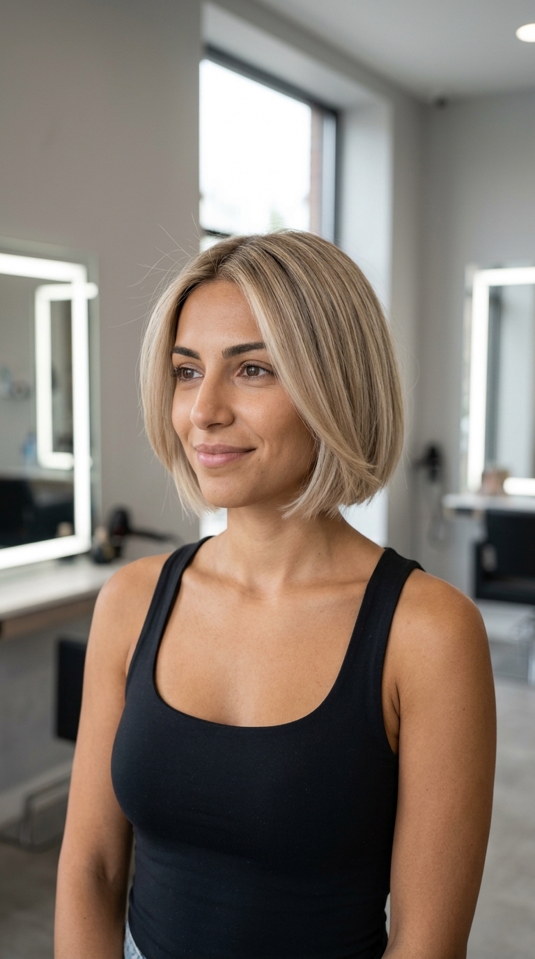 Linen Blonde Italian Bob: Effortless Chic 2026 short italian bob haircut in neutral sandy blonde with beige babylights, diffused ends, no fringe — effortless and chic