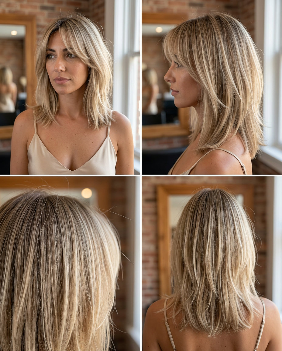 Linen Blonde Midi-Shag 2026 shoulder-skimming midi-shag haircut with sandy blonde balayage, curtain bangs, textured layers — effortless bohemian style