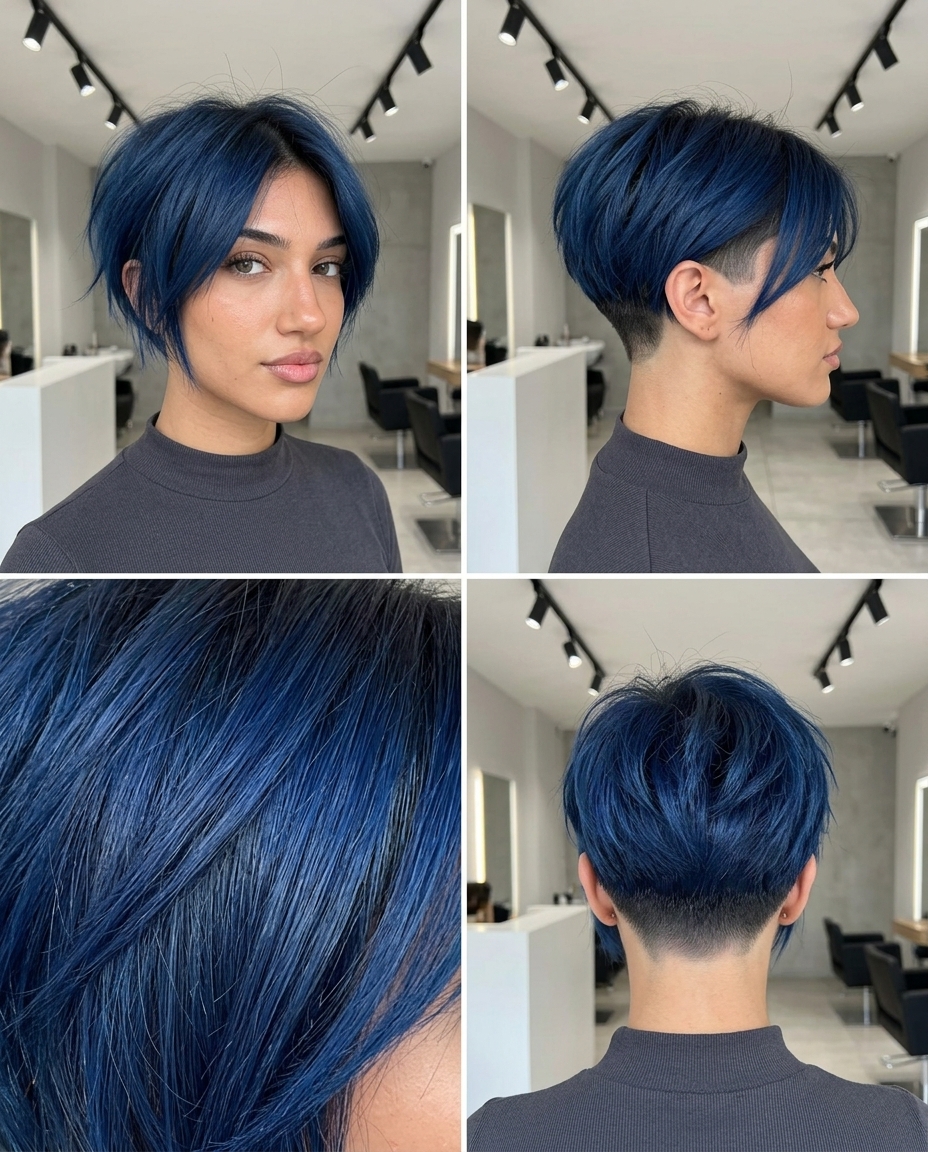 short undercut haircut in deep sapphire blue with choppy fringe and textured top for concert