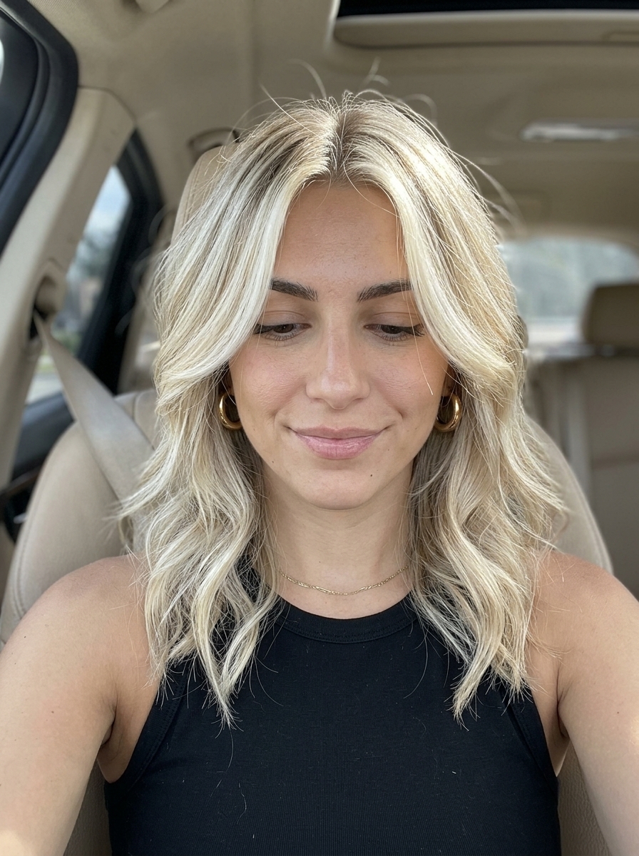 shoulder-length blonde haircut with bright cool blonde hairline, creamy beige mid-lengths, face-framing layers — natural soft