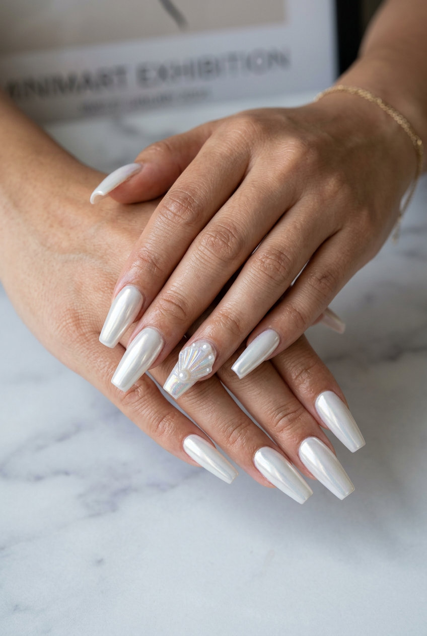3D Shell Chrome Nails 2026 White pearlescent chrome with 3D shell accent nails for shell summer nails 2026, glamorous party look.