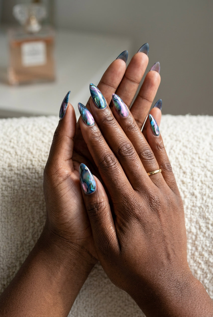 Abalone Shell Marble Stiletto Nails 2026 Abalone Shell Marble Stiletto nails for shell summer nails 2026. Glamorous multicolor art for parties.