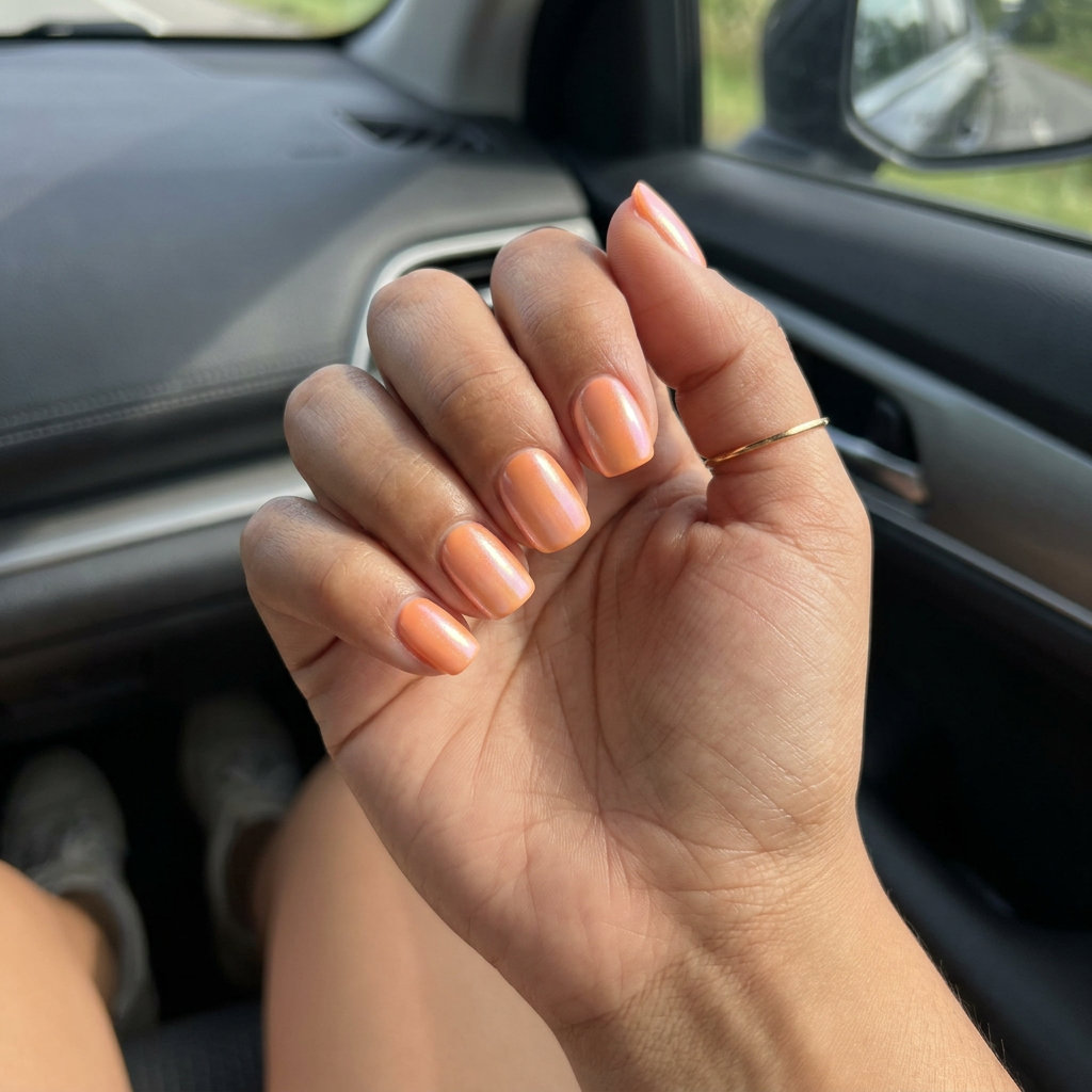 Shell Summer Nails 2026: Peach Ombre Sunset Iridescent peach ombre sunset nails for shell summer nails 2026. Romantic vacation or beach getaway style.