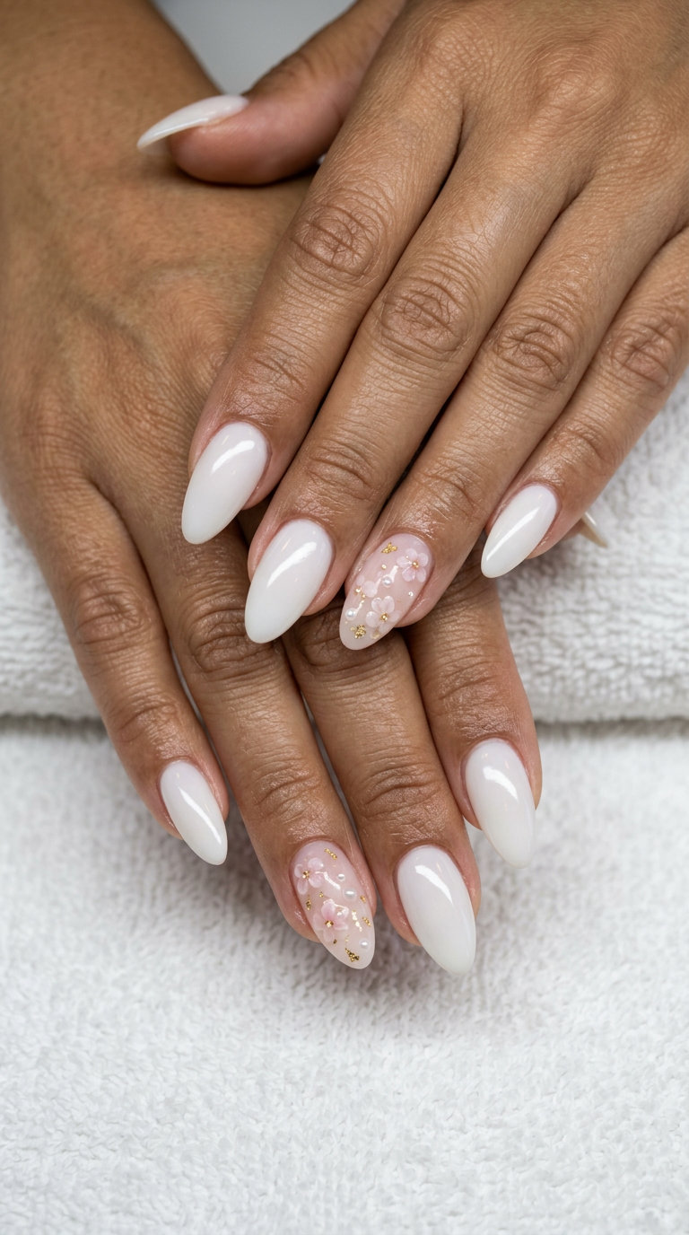Shell Summer Nails 2026: Milky Bath Bloom Milky bath accent bloom nails for shell summer nails 2026. Ethereal wedding guest or date night style.