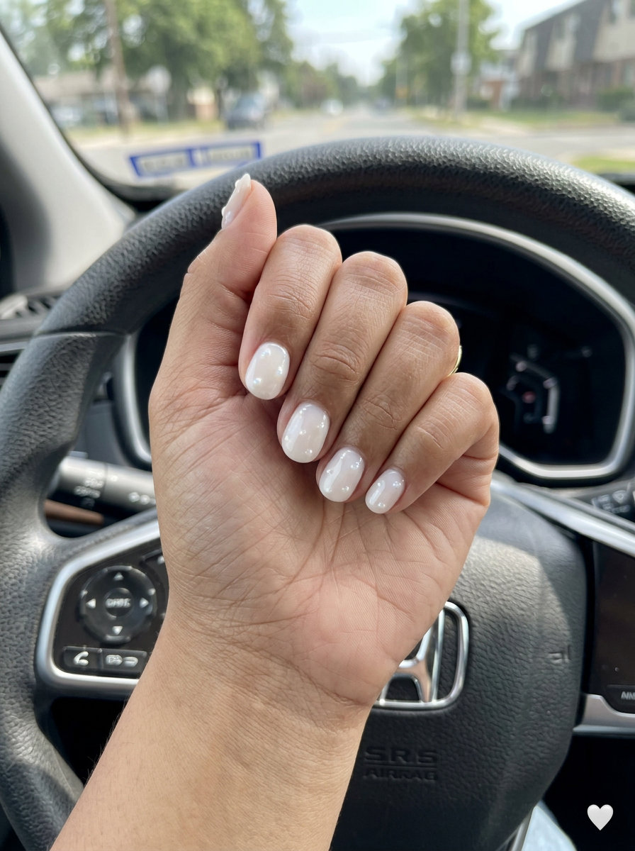 Milky White Iridescent Dot Nails 2026 Milky white iridescent dot nails for shell summer nails 2026, clean girl aesthetic.