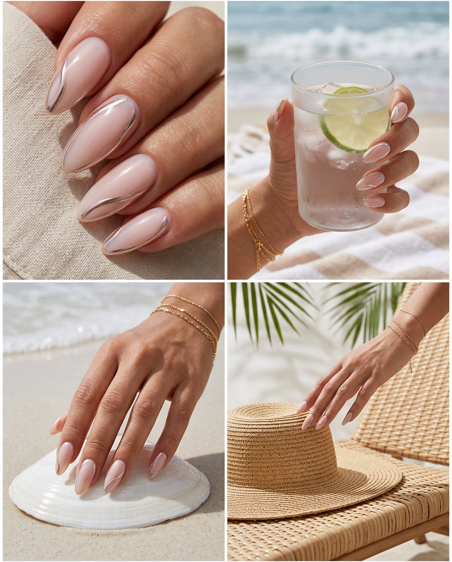Milky Chrome Line Nails 2026 Nude pink milky chrome line nails for shell summer nails 2026, edgy party look.