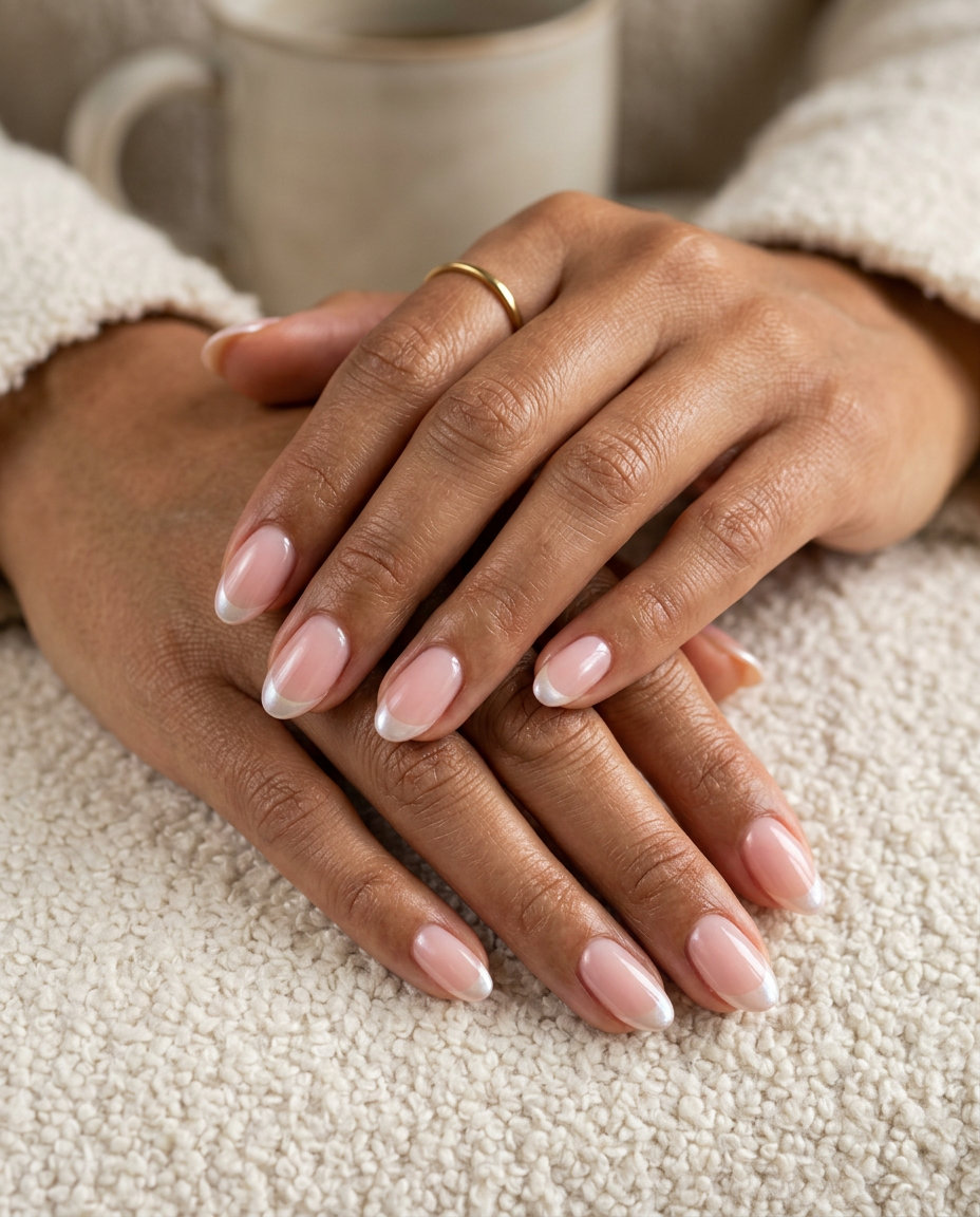 Pearlescent French Tip Nails 2026 Nude pink pearlescent French tip nails for shell summer nails 2026, elegant bridal style.