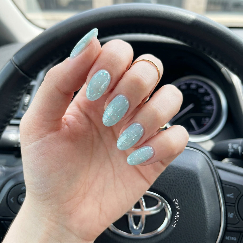 Pale Aqua Holographic Jelly Nails 2026 Pale aqua holographic jelly nails for shell summer nails 2026, whimsical beach party style.