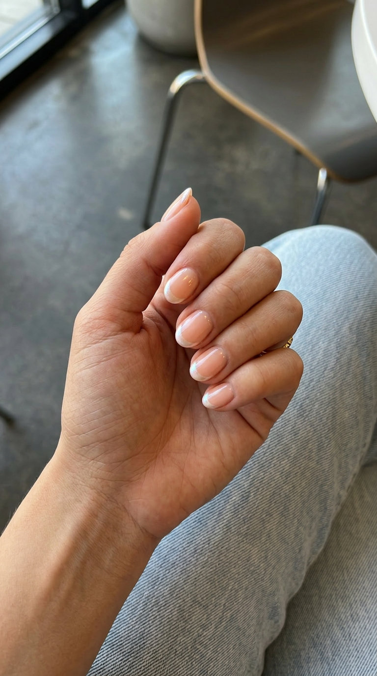 Shell Summer Nails 2026: Peach Pearlescent French Peach pearlescent French tips for shell summer nails 2026. Playful casual or summer vacation style.
