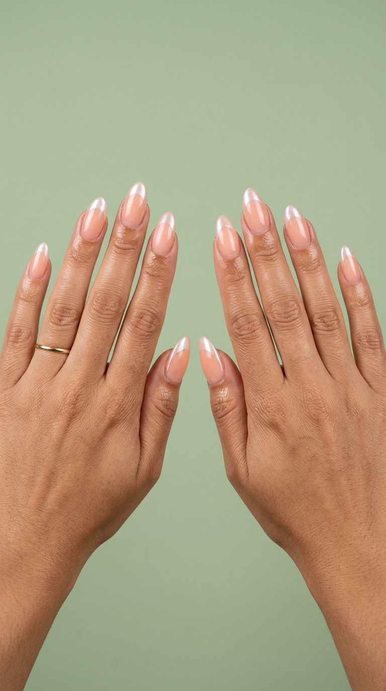Shell Summer Nails 2026: Peach Pearlescent French Soft peach pearlescent reverse French nails for shell summer nails 2026. Romantic, sophisticated date night look.
