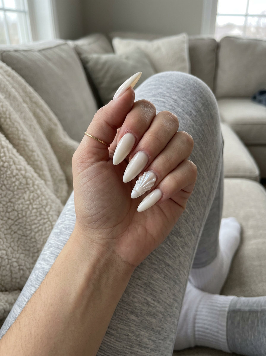 Shell Summer Nails 2026: Sculpted Milky White Shell Sculpted shell milky white nails for shell summer nails 2026. Glamorous formal event or statement manicure.