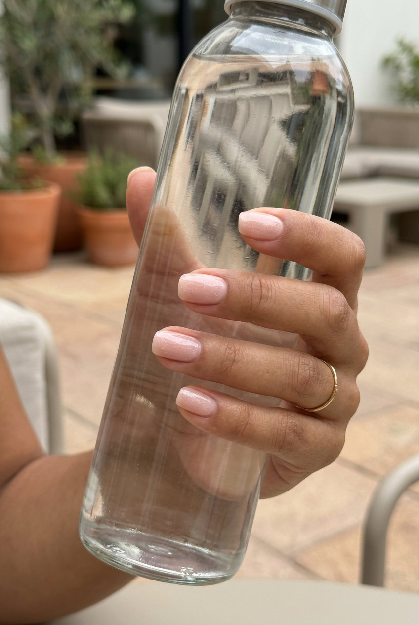 Shell Summer Nails 2026: Sheer Nude Pink Shimmer Sheer nude pink shimmer nails for shell summer nails 2026. Minimalist daily wear or work style.