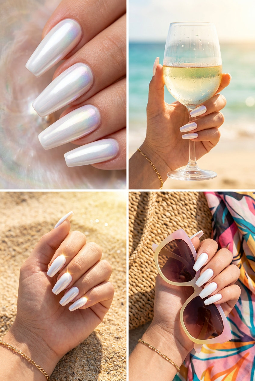 Shell Summer Nails 2026: White Chrome Aura White chrome aura nails for shell summer nails 2026. Glamorous date night or evening event style.