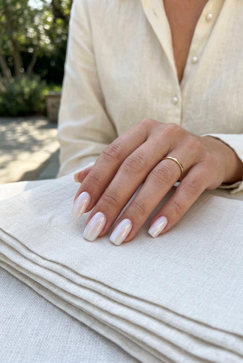 Shell Summer Nails 2026: Pearlescent Ombre Glitter White pearlescent ombre with glitter nails for shell summer nails 2026. Elegant wedding or bridal shower look.