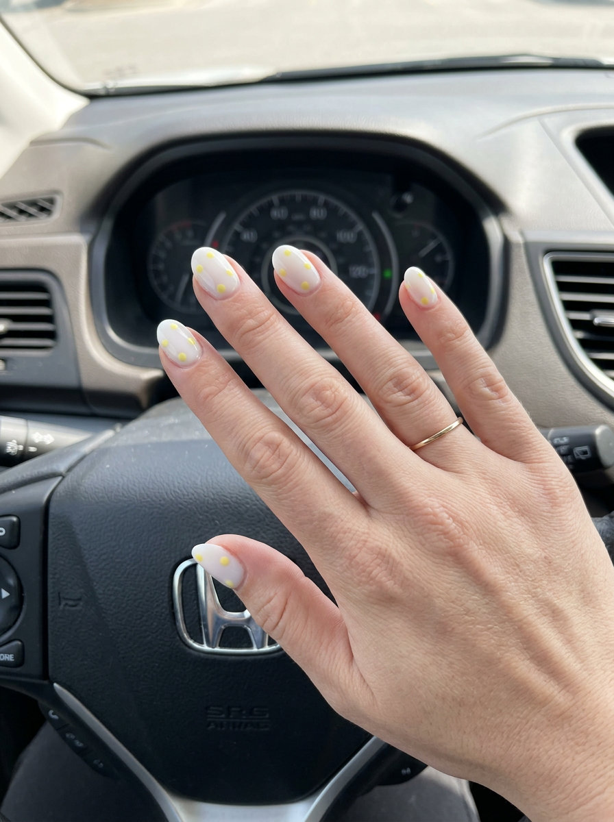 Short oval summer nails 2026: Butter yellow milky dots for whimsical casual outings and weekend fun.