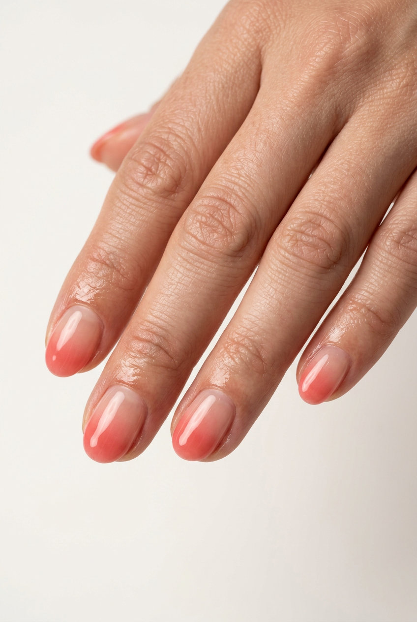Short oval summer nails 2026: Coral pink sheer ombre gel polish for romantic wedding guest or vacation looks.