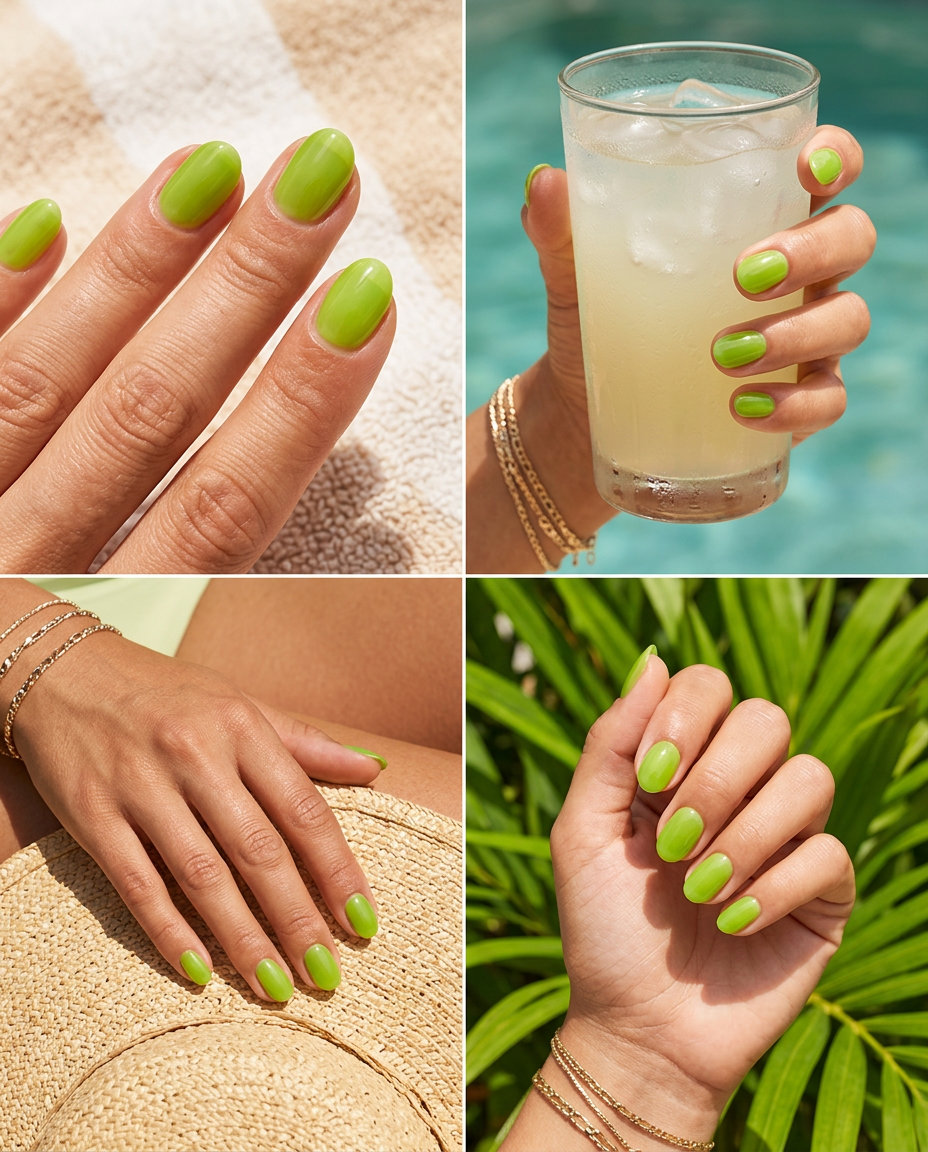 Short oval summer nails 2026: Electric lime jelly for bold summer vacation and festival looks.