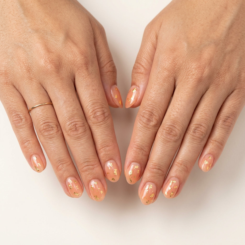 Short oval summer nails 2026 with sheer peach and gold foil flakes. Glamorous vacation beach getaway style.