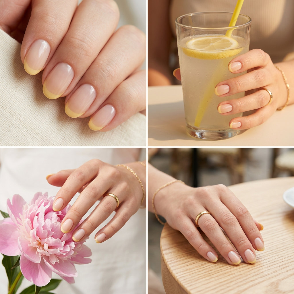 Short oval summer nails 2026 with a lemonade French tip. Clean-girl, casual weekend outdoor event style.