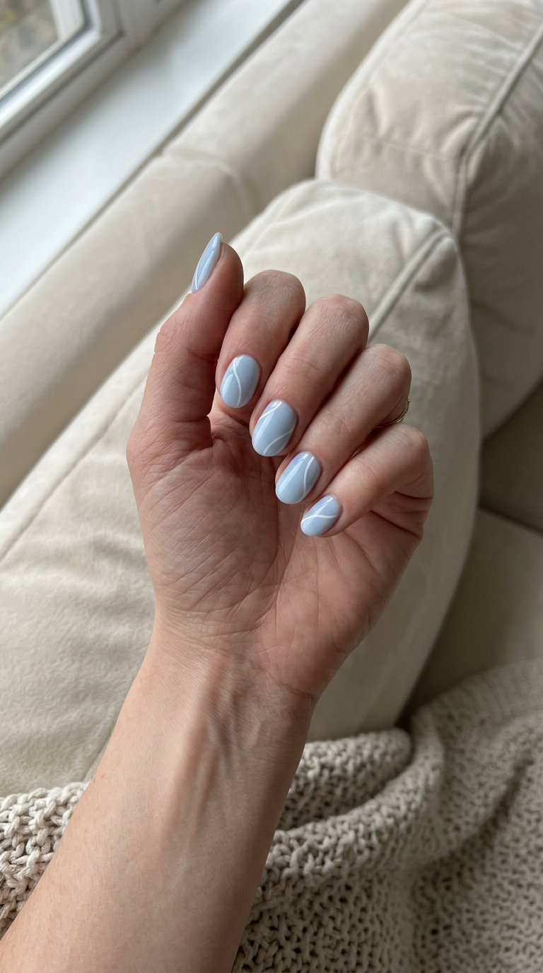 Short oval summer nails 2026 in milky blue with delicate white lines. Minimalist, chic work-appropriate style.